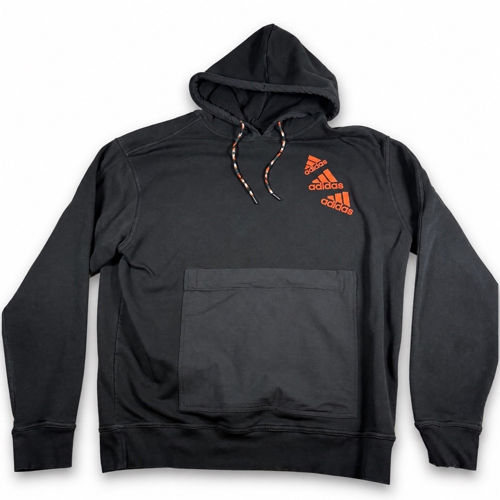 Adidas Triple Logo Hoodie Mens XL Black Orange Fleece Sweatshirt Streetwear